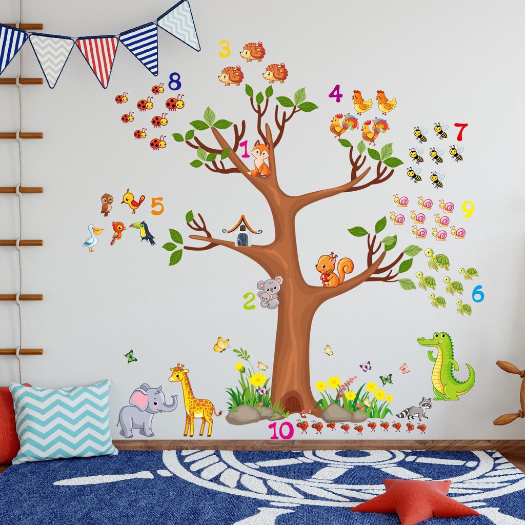 Decal Dán Tường Đếm Số Hình Động Vật Nhiều Màu Sắc Cho Bé - Trang Trí Phòng Ngủ/Trường Mầm Non MS6033