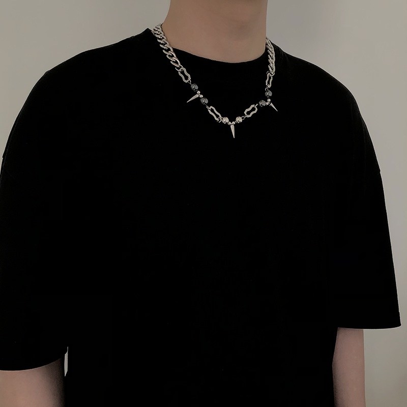 Vòng cổ Thép Titan Đính Hạt Tròn Đen Phong Cách punk