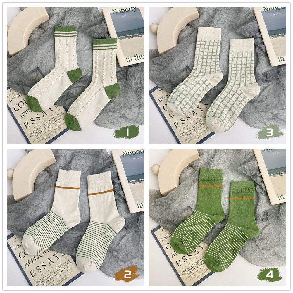 1 Đôi Vớ Cotton Kẻ Sọc Màu Xanh Matcha Thoáng Khí Phong Cách Nhật Bản Cổ Điển Dễ Thương Cho Nữ