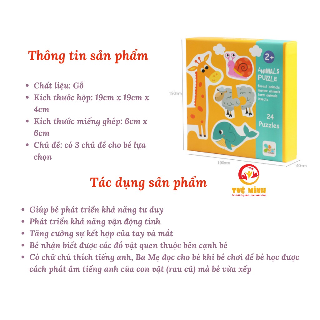 Xếp Hình 2 Mảnh Ghép Bằng Gỗ Tuệ Minh Có Hộp Đựng Theo Chủ Đề Cho Bé Từ 2 Đến 3 Tuổi