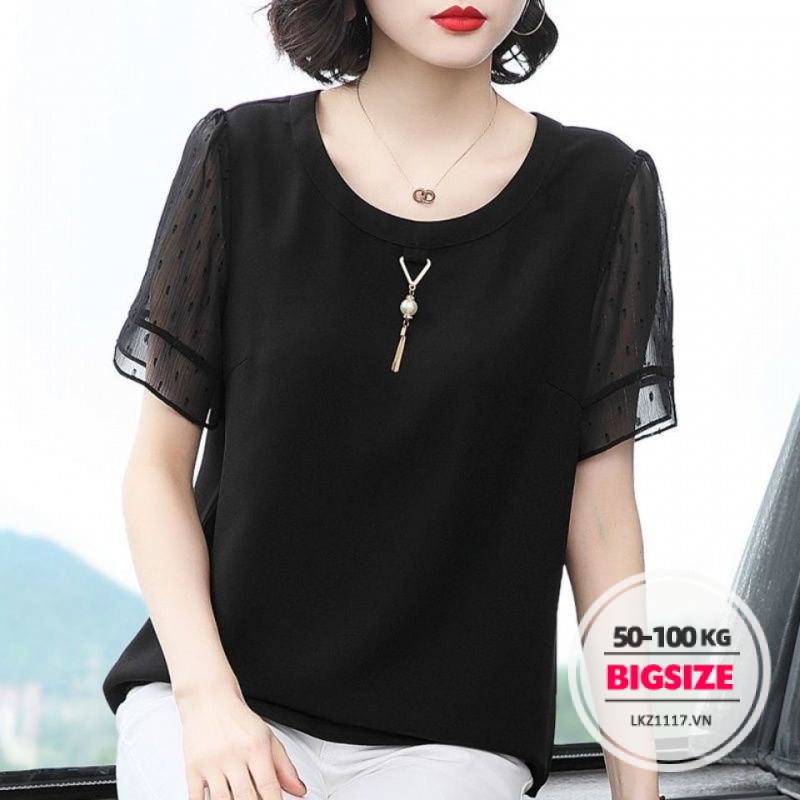 Áo kiểu trung niên nữ Bigsize Áo sơ mi voan nữ trung niên cho mẹ đen form rộng tay ngắn mùa hè Phong cách hàn quốc Thời Trang trẻ trung sang trọng đẹp cao cấp