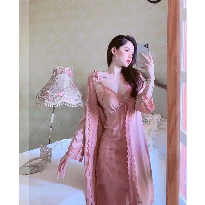 Sét Váy Ngủ Kèm Choàng Lụa Cao Cấp, Váy Ngủ Màu Hồng Pastel HITHOT