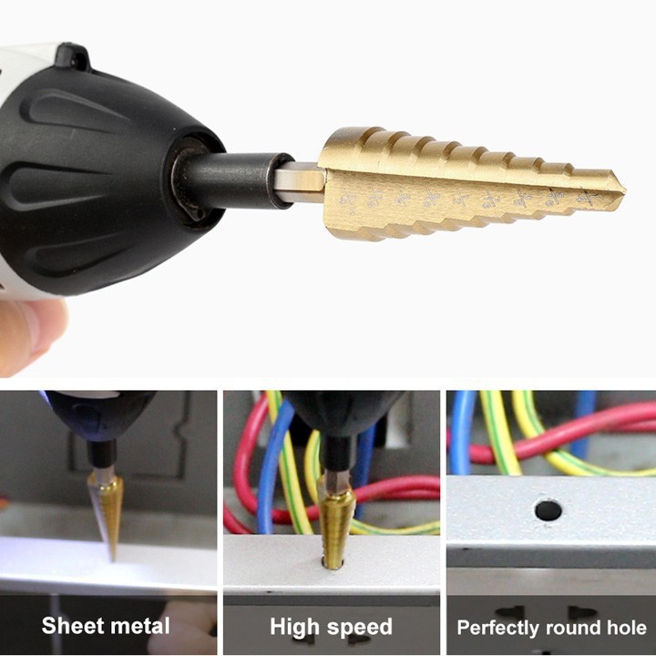 Bộ 3 mũi khoan bước tháp titanium 3.17-19mm khoan sắt,tôn