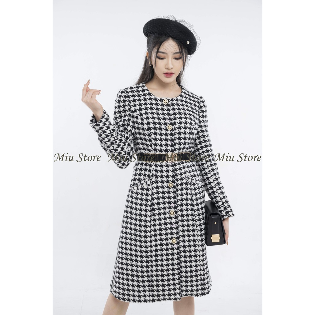 Áo khoác dạ dáng dài họa tiết houndstooth cổ tròn - AK00001 | BigBuy360 - bigbuy360.vn