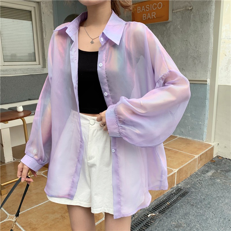 Áo sơ mi tay dài dáng rộng màu trong suốt phong cách Hàn Quốc thời trang sành điệu cho nữ
