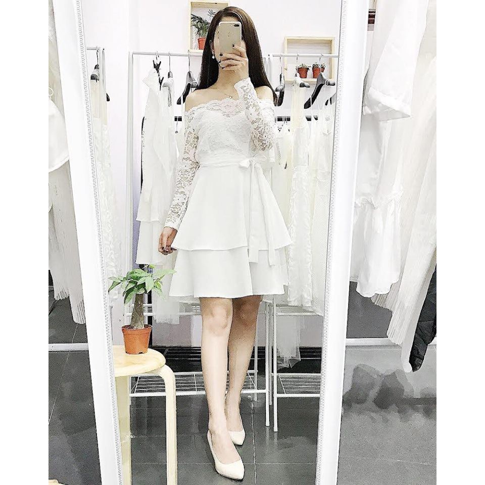 Đầm dự tiệc trễ vai, đầm ren xòe dự tiệc đi đám cưới đẹp lộng lẫy | BigBuy360 - bigbuy360.vn