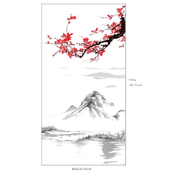 Decal dán kính cao cấp - Phong Thủy Sông Núi và Cành Mai đỏ hữu tình ( 60x116cm )