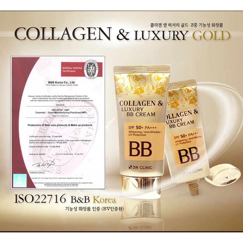 Kem nền 3 trong 1 che mọi khuyết điểm 3W Clinic Collagen & Luxury Gold BB Cream SPF50+  50ml - Hàn Quốc Chính Hãng