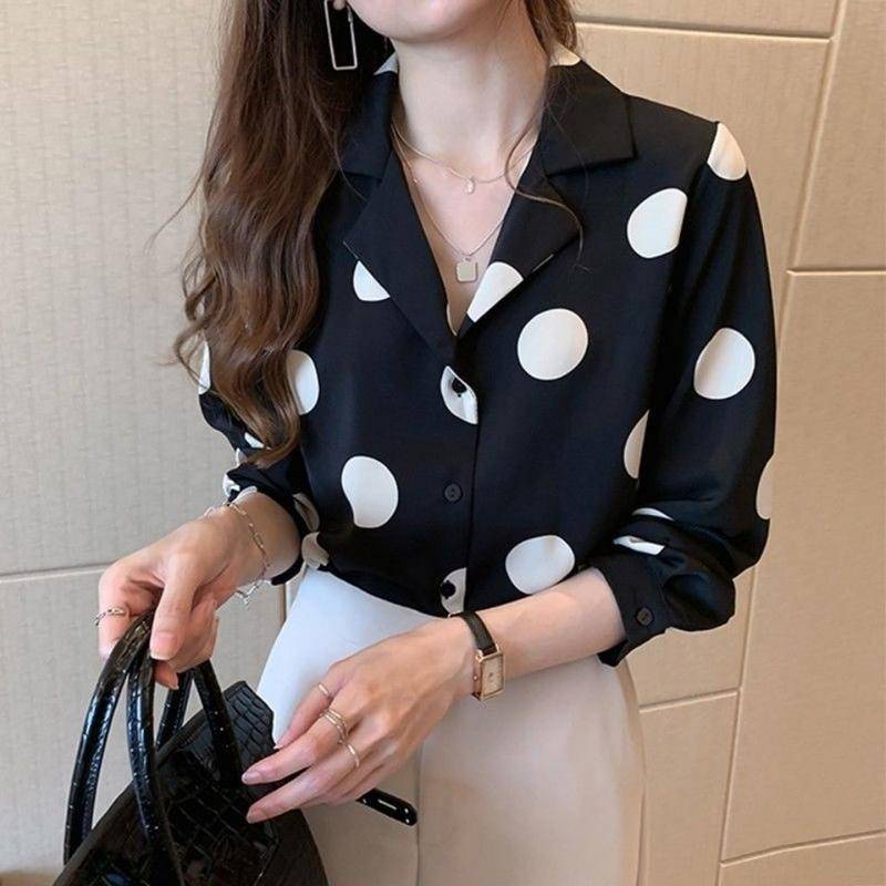 Áo Sơ Mi Chiffon Tay Dài Họa Tiết Chấm Bi Thiết Kế Thanh Lịch Cho Nữ