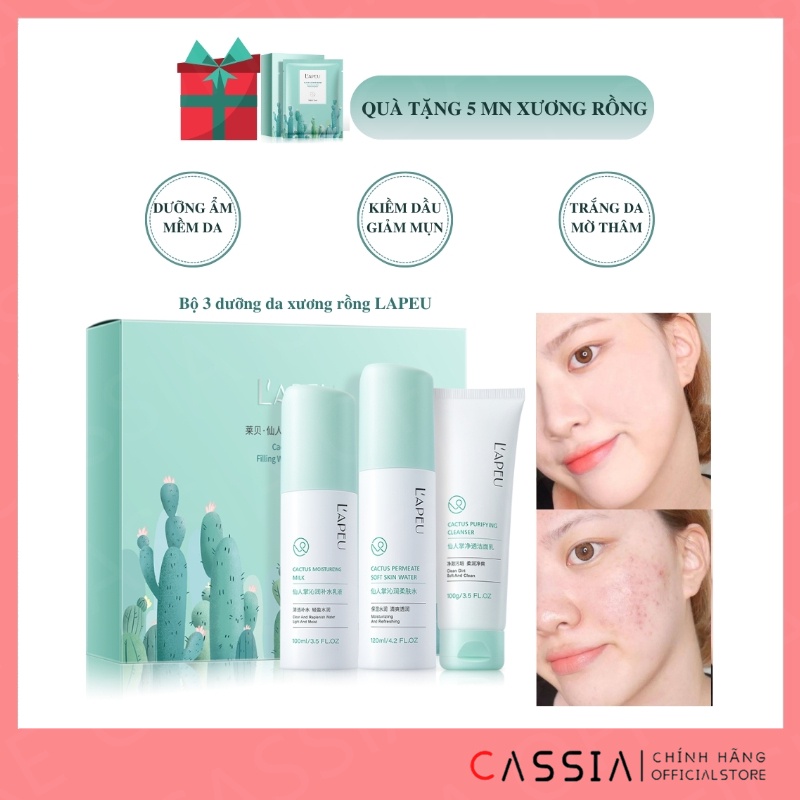 Bộ skincare dưỡng da kiềm dầu giảm mụn 3 món LAPEU nội địa trung chiết xuất xương rồng chăm sóc da dầu mụn