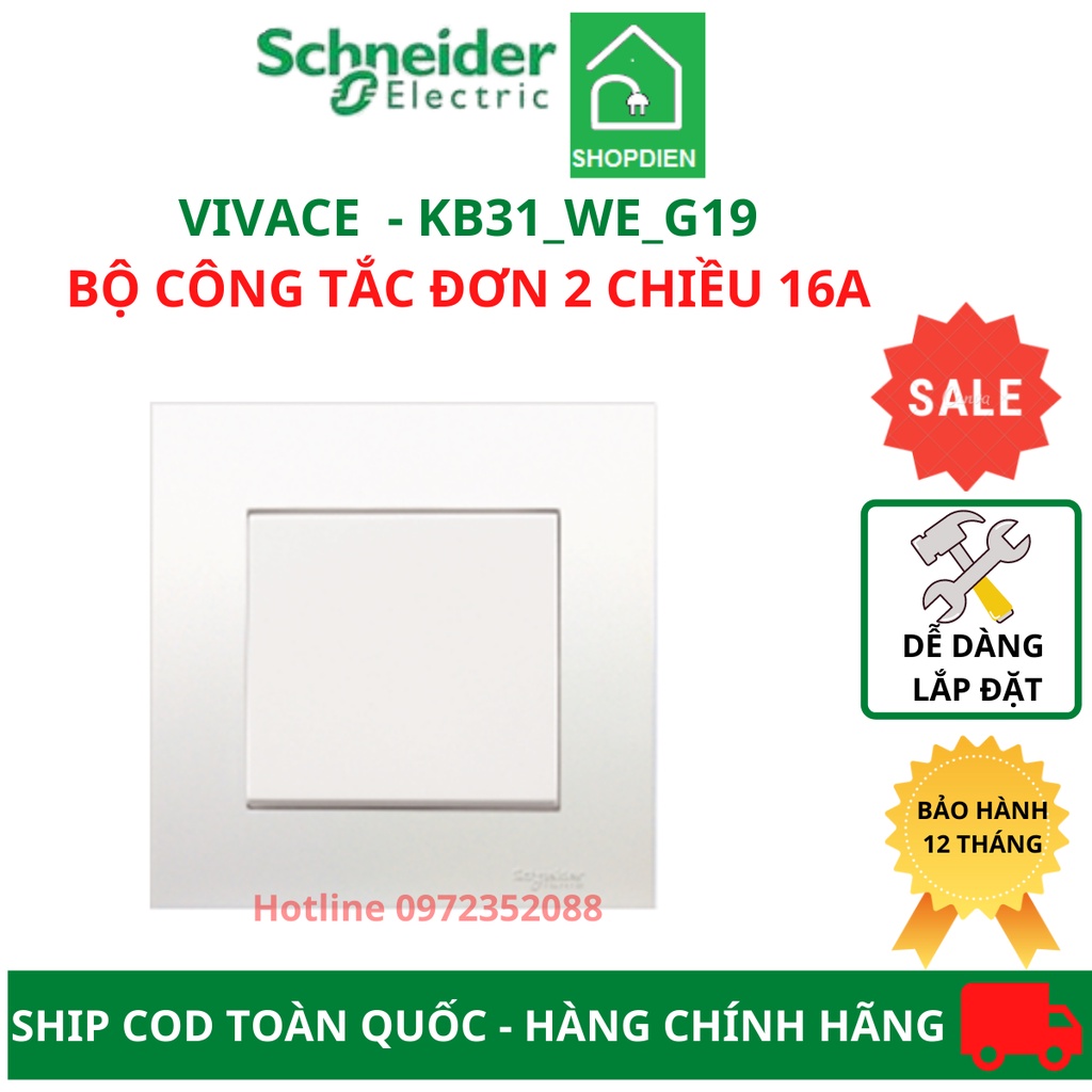 Bộ công tắc đơn 2 chiều , công tắc đảo chiều cầu thang 16AX- vuông Schneider Vivace- màu trắng (mặt+hạt)