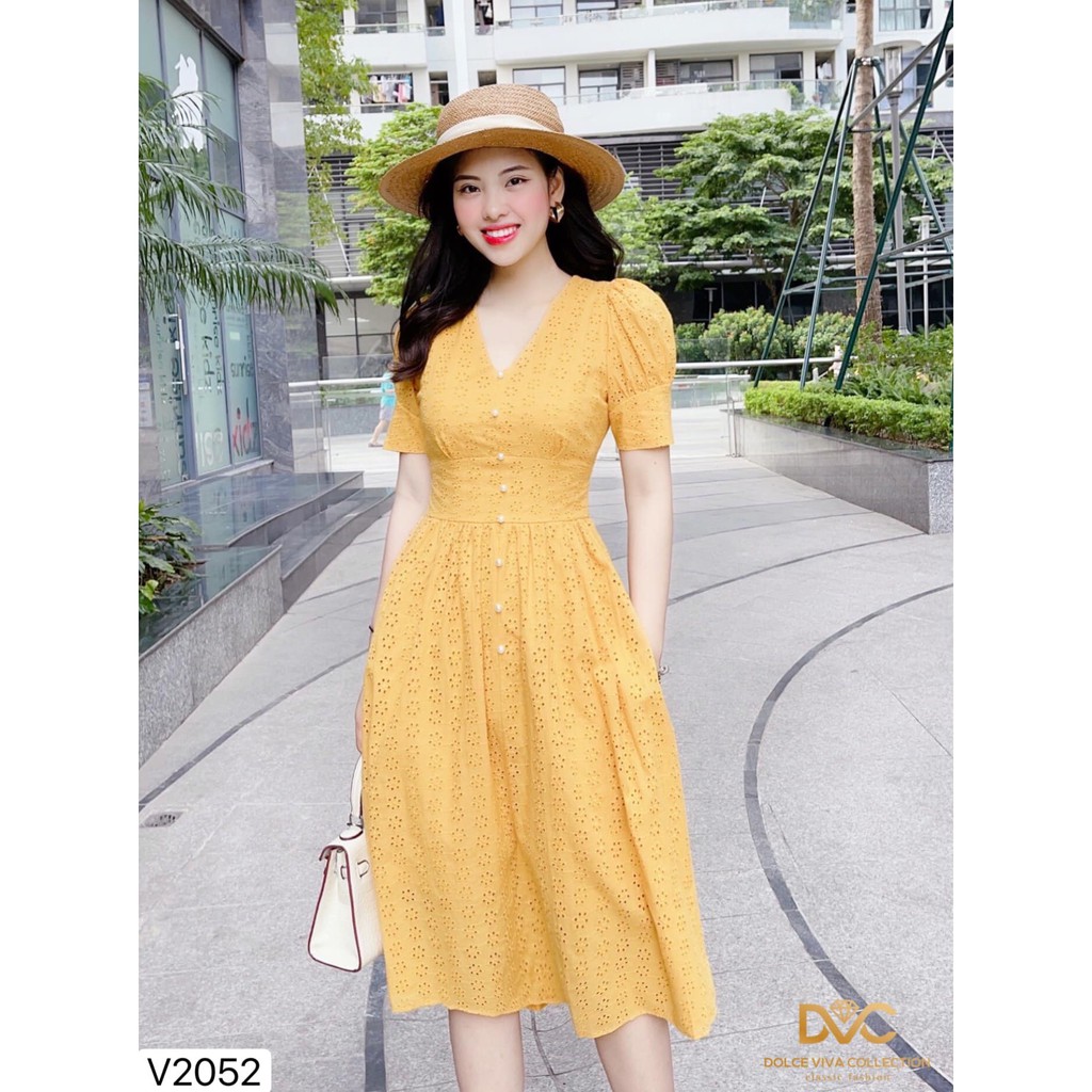 VÁY REN XÒE CỔ V - HÀNG THIẾT KẾ DVC