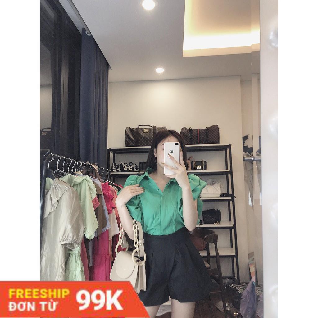 Áo kiểu nữ tiểu thư OHANA đẹp tay ngắn bèo màu xanh, trắng điệu đà sang chảnh thời trang bánh bèo 2021