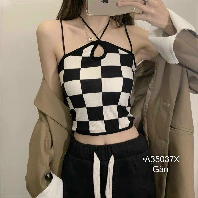 Áo Yếm Áo Croptop Nữ Kẻ Caro Dây Yếm Cách Điệu Thun Gân Co Dãn Màu Đen/Hồng BEBEDOLL