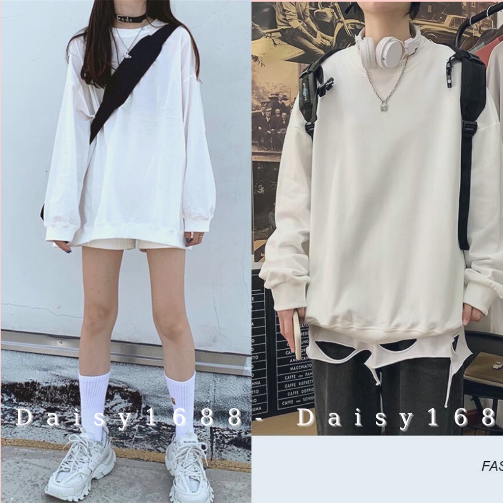 Áo phông trắng dài tay unisex nam nữ, áo thun trơn dáng rộng oversize
