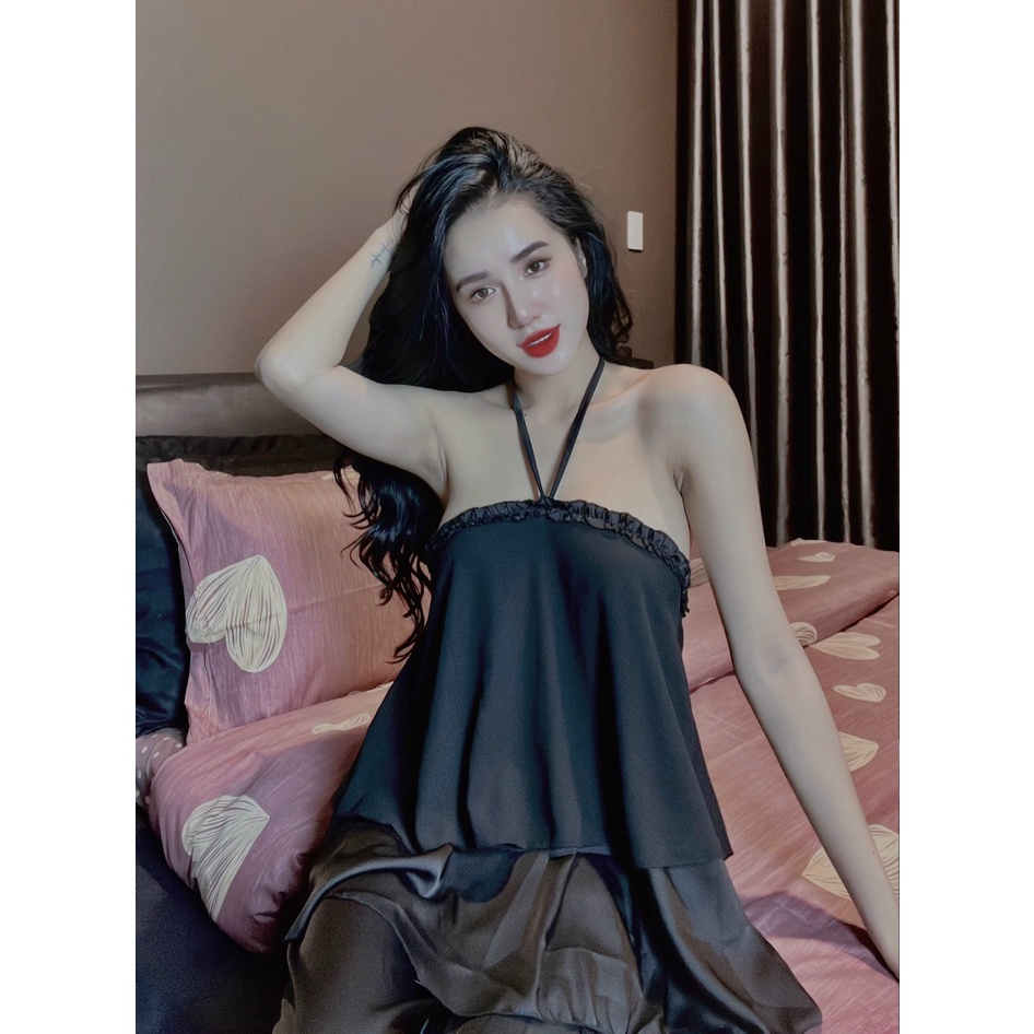 Set Đồ Ngủ Áo Yếm Voan Tầng &amp; Quần Dài Lụa Dạo Phố Sang Chảnh - Đồ Bộ, Pyjama Freesize