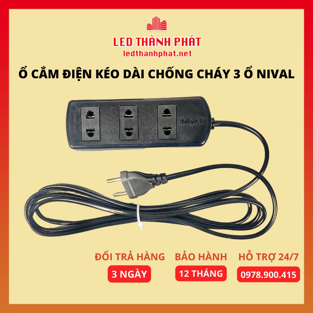 Ổ cắm điện Nival 3 ổ chịu tải 750W dây 2.5 mét chống cháy bảo hành chính hãng 12 tháng