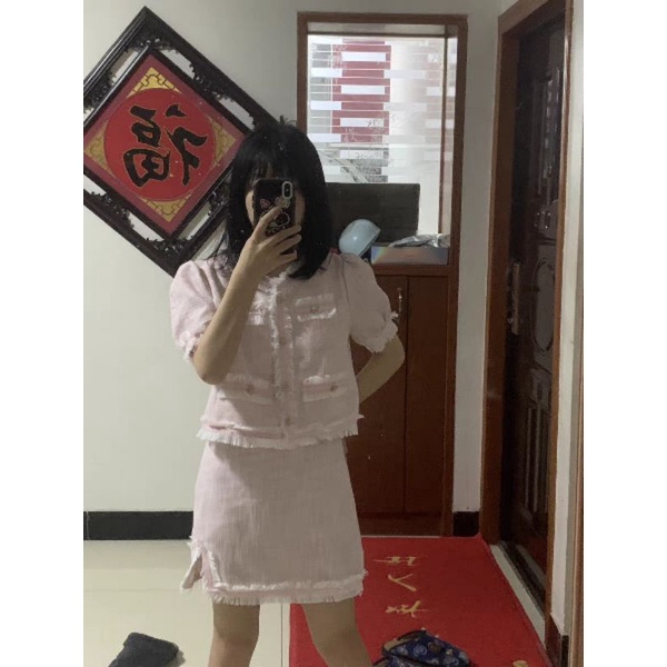 Set đầm hồng dạ gai vải tweet, hàng loại 1 của CHIC CLUB
