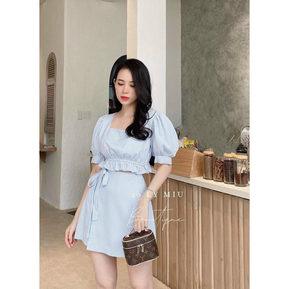 Set váy caro xanh cổ vuông tay búp chân váy đắp chéo cột dây, set váy kẻ áo croptop nhún bèo tiểu thư đi chơi xinh đẹp