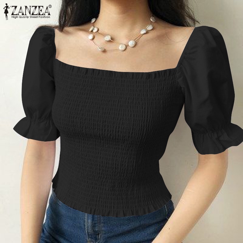ZANZEA Áo Kiểu Tay Phồng Cổ Vuông Phong Cách Hàn Quốc Đơn Giản Thời Trang Cho Nữ