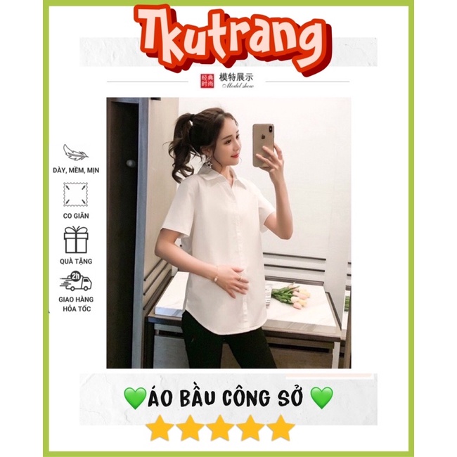 Áo bầu sơ mi nữ trắng form rộng công sở kiểu tay ngắn đẹp SM07