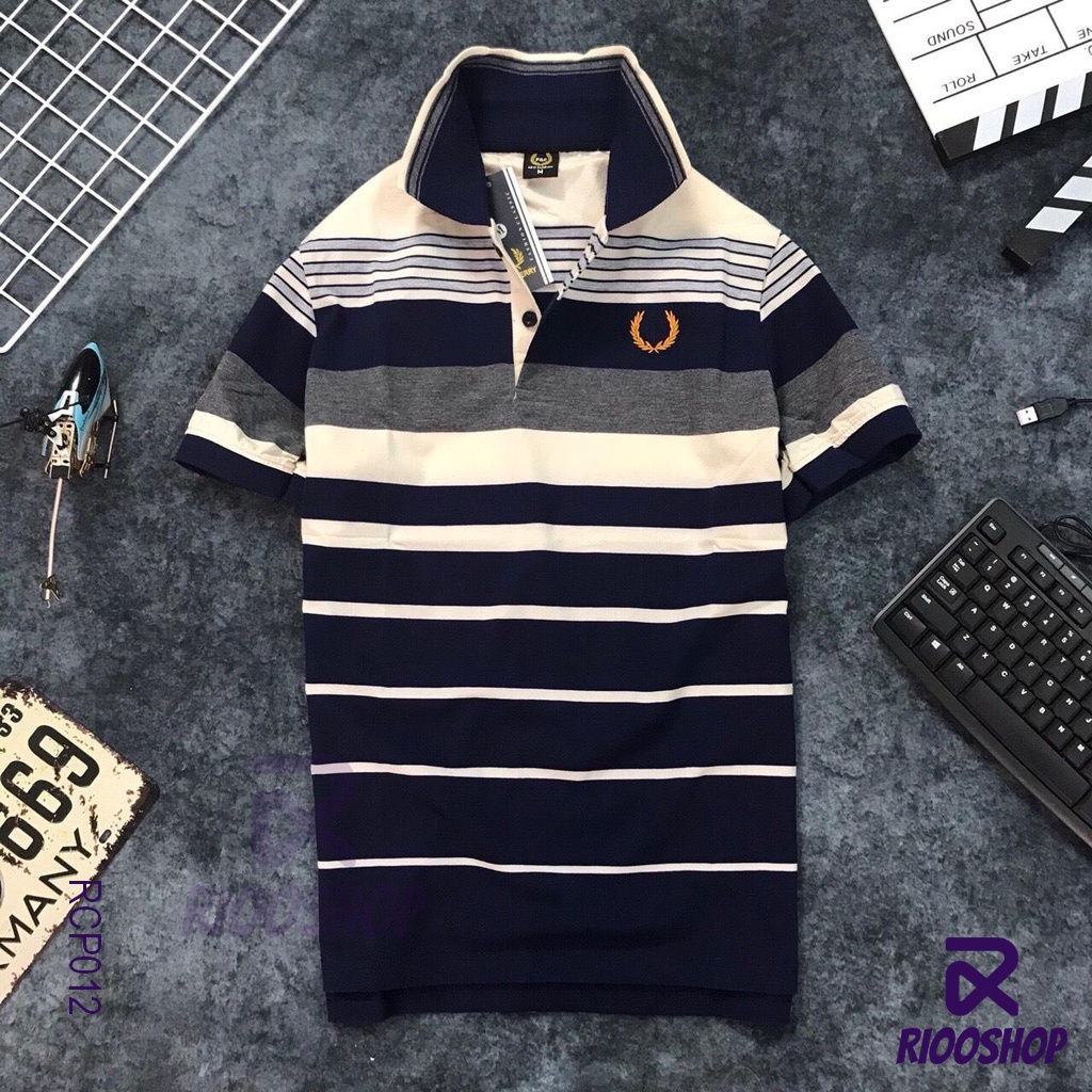 Áo thun nam trung niên có cổ cotton dày mịn kẻ sọc ngang cao cấp bông lúa RCP012 - áo polo nam form rộng Riooshop