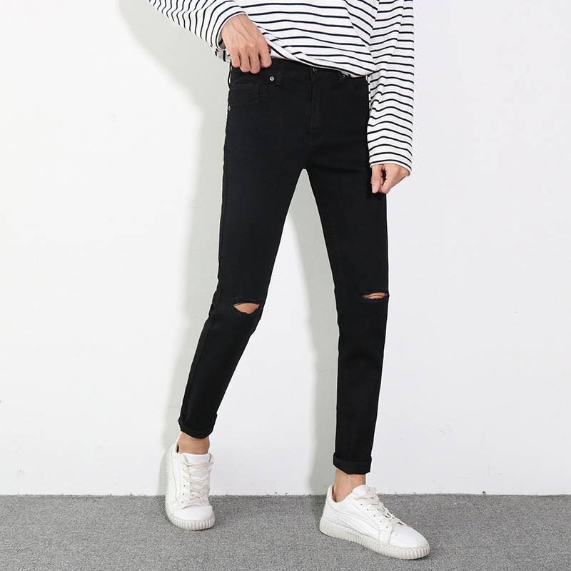 Quần bò đen rách gối Dáng skinny dành cho nam vải co giãn , kiểu dáng hàn quốc