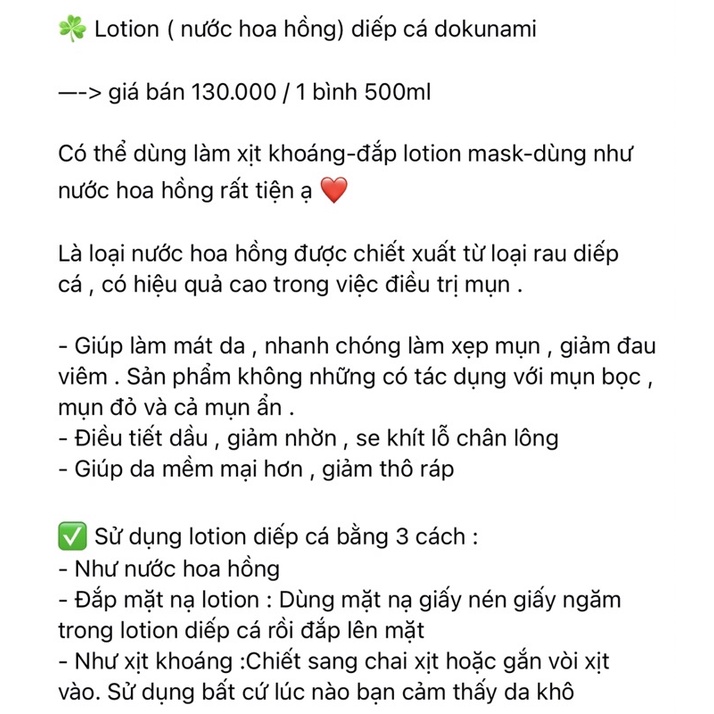 Nước hoa hồng Toner Lotion diếp cá Dokudami Natural Skin giảm mụn se lỗ chân lông 500ml Nhật Bản