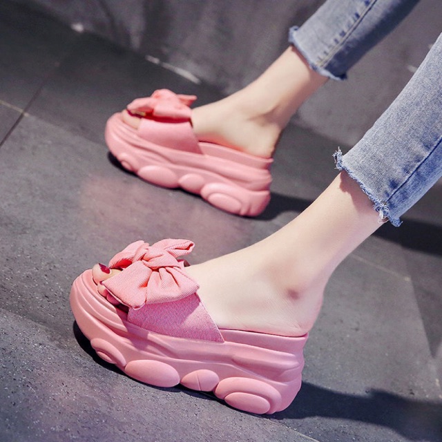 (HÀNG K CÓ SẴN) dép bánh mì nơ xinh - 8cm kèm ảnh thật 062706 sẵn hồng 37, đen 34