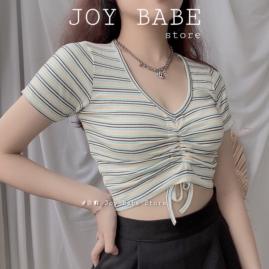 Croptop thun gân rút dây JOY BABE 🎼🌱 sọc ngang gam màu pastel dịu dàng, áo kiểu nữ crop xinh xắn ulzzang tim CRON 45 -5F