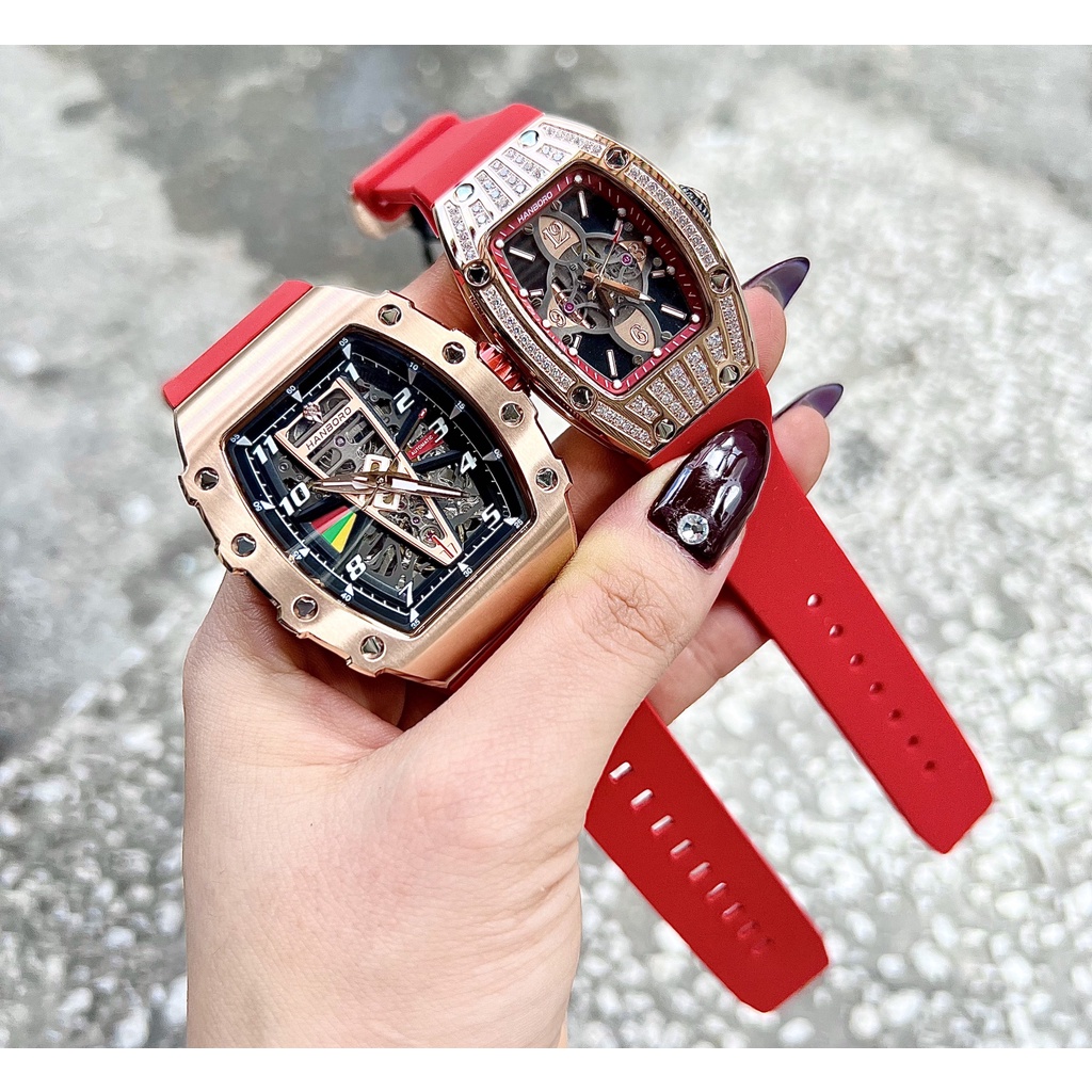 Đồng Hồ Nam Hanboro Automatic HBR983 , Dây Cao Su Màu Đỏ , Size 41x50mm fullbox