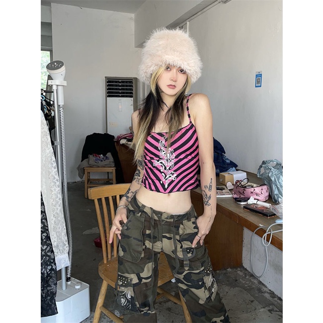 Áo Hai Dây Dáng Ngắn Họa Tiết Kẻ Sọc Màu Hồng y2k Thời Trang Mùa Hè Quyến Rũ Cho Nữ