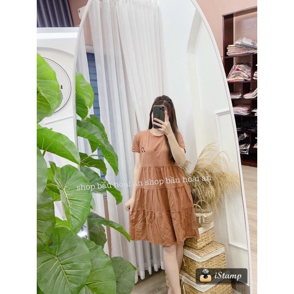 Váy bầu cotton mùa hè, dáng xòe tầng cho mẹ bầu, thêu họa tiết nốt nhạc