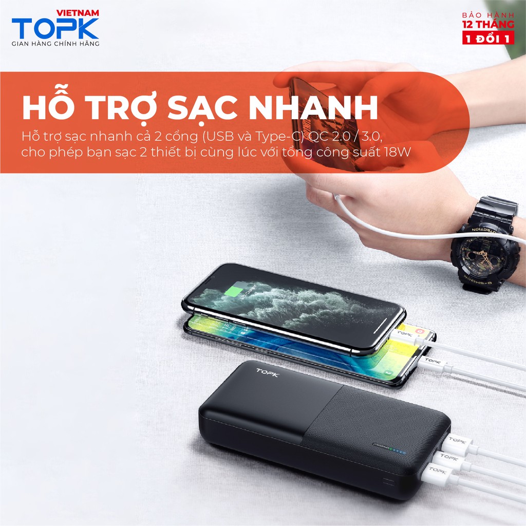 Sạc Dự Phòng TOPK I2009 20000mAh - Cổng USB Kép, Thiết Kế Nhỏ Gọn Tiện Lợi Cho Xiaomi/ Samsung/ iPhone