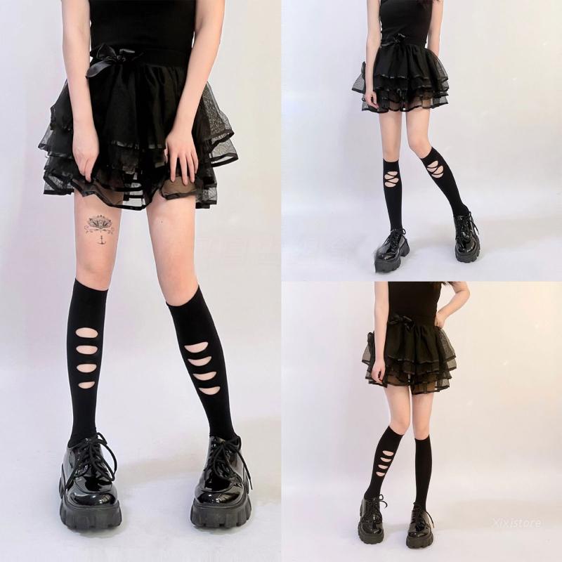 Xixi Vớ Cao Đến Đầu Gối Màu Đen Thiết Kế Rách Phong Cách Lolita Gothic Cho Nữ
