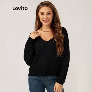 113XJ Lovito Áo len dài tay trơn cổ chữ V L21LT021 (Đen)