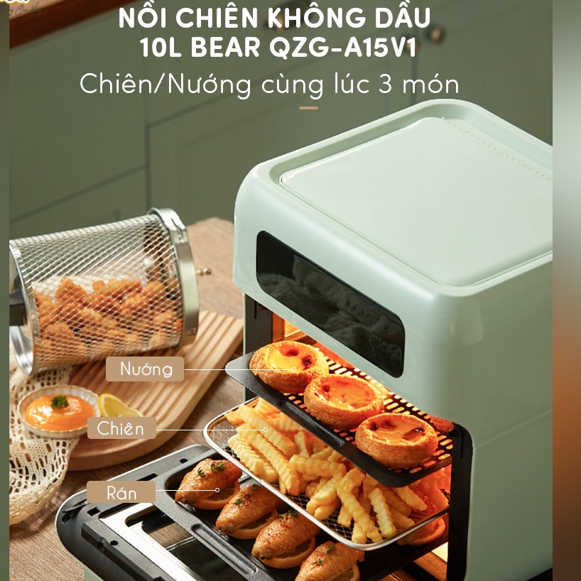 Nồi chiên không dầu, lò chiên không dầu đa năng 10L Bear QZG-A15V1, lò nướng dùng cho gia đình, 1350w, chất liệu an toàn