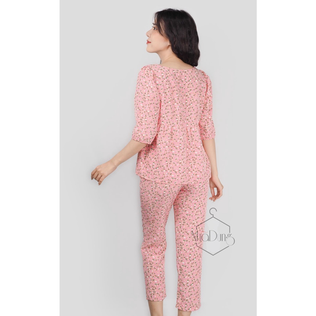 Đồ mặc nhà quần dài vải lụa cao cấp tay lỡ họa tiết hoa nhí dễ thương Nhã Dung Store siêu mát đủ size dưới 65kg