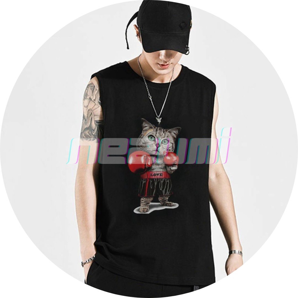 (Sẵn xám, đen, trắng) ÁO TANK TOP UNISEX NAM NỮ COTTON 95%, ÁO BA LỖ TẬP GYM MÈO ĐẤM BỐC