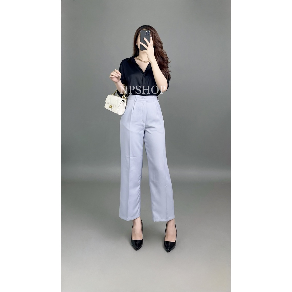 Quần tây nữ ống rộng lưng cao 2 nút màu xanh, đen NPQ050