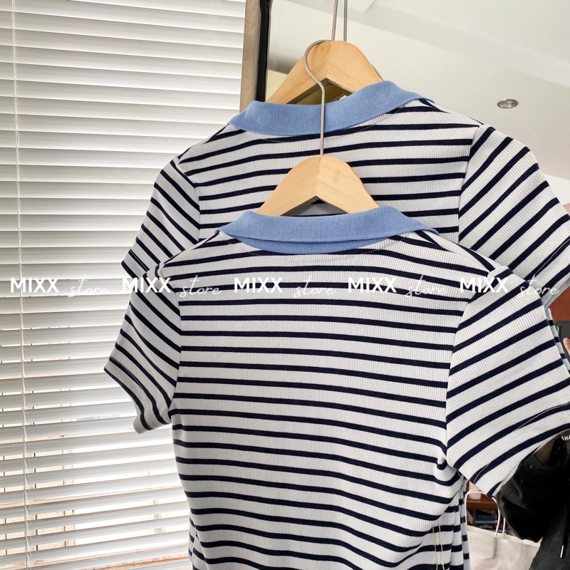 Áo thun nữ có cổ polo sọc Nautica xịn chất đẹp dày dặn phom ôm dáng vừa chuẩn xinh