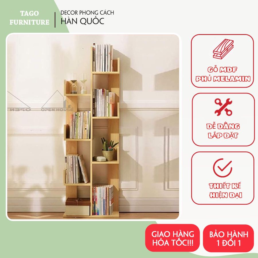 Kệ sách gỗ xương rồng, kệ sách hình cây gỗ MDF cao cấp, chống mối mọt, đựng sách 8 ngăn 50x20x120 TAGO ND25