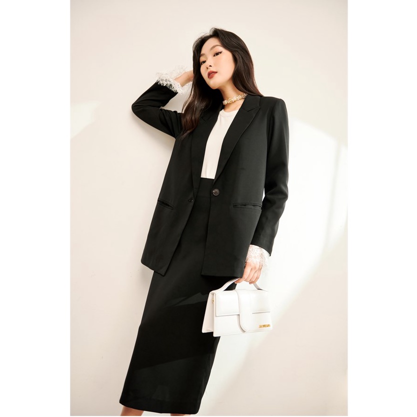 Set áo blazer phối chân váy dáng dài màu đen trang trọng A00529