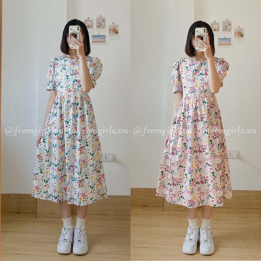 Váy hoa nhí tay phồng, đầm maxi hoa nhí basic  Hàn Quốc - V27