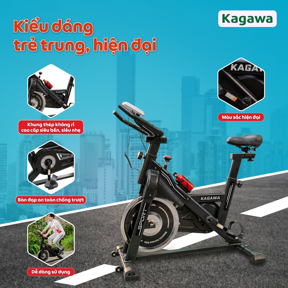 Xe đạp tập thể dục trong nhà Kagawa A8  khung sườn thép không rỉ, siêu bền, tặng 5 quà tặng