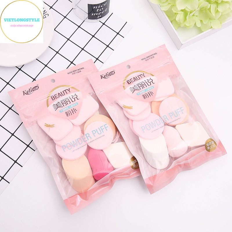 Mút trang Điểm Nội Địa Trung Keli Beauty Set 13 Bông Mút Giọt Nước Hồ Lô Bầu Dục Nhiều Mầu Sắc