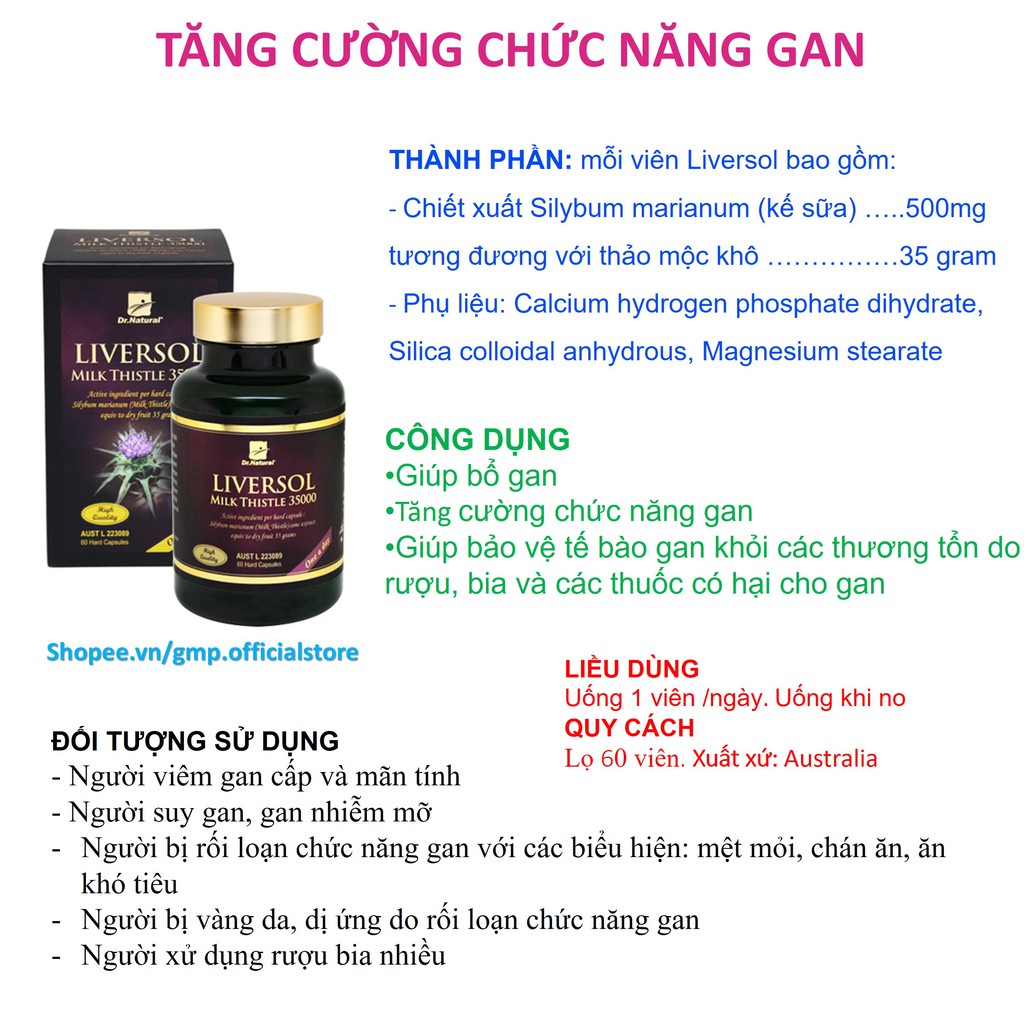 Viên uống bổ gan Dr.Natural LiverSol Milk Thistle Tăng cường chức năng gan mát gan giải độc hạ men gan hộp 60viên