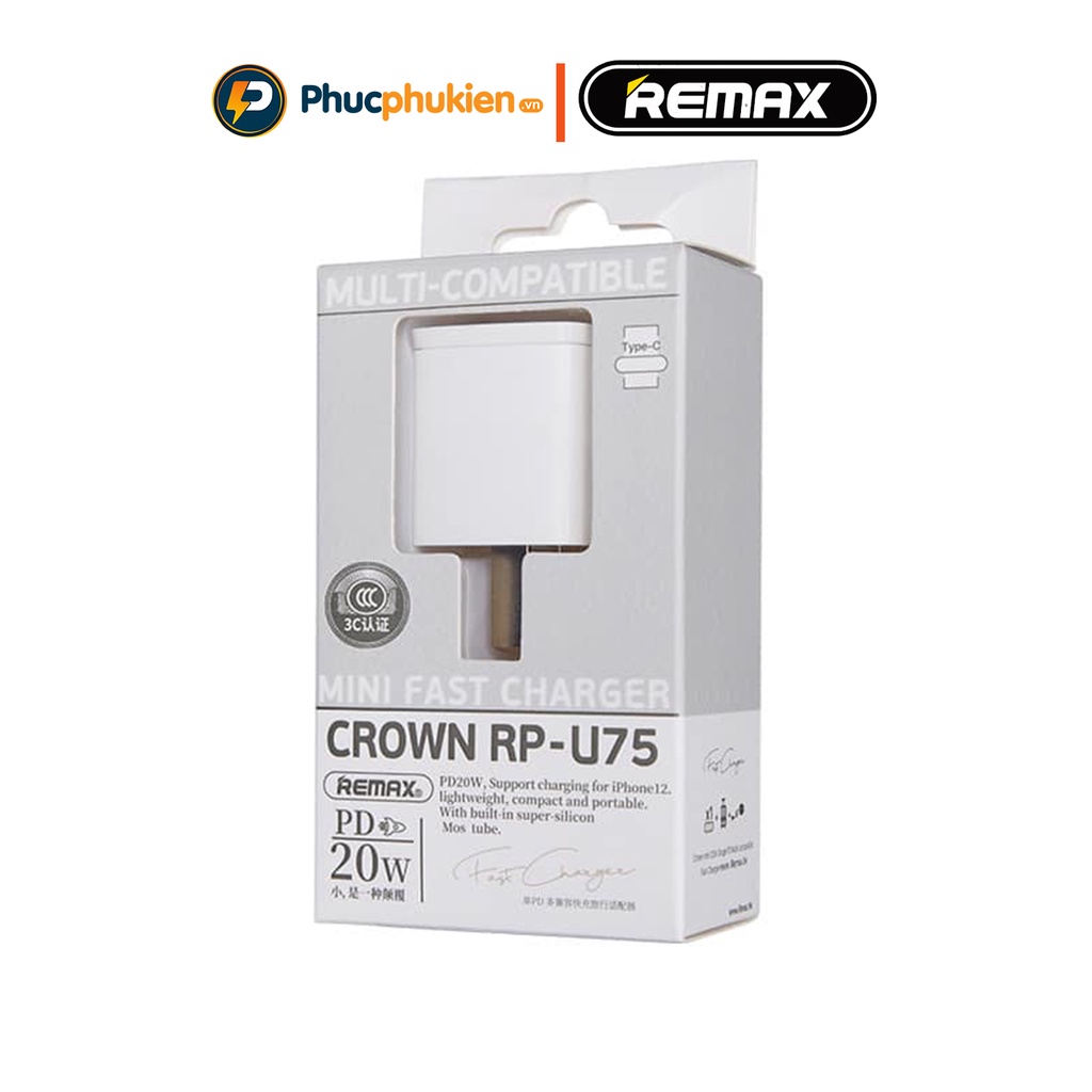 Củ sạc nhanh 20w chính hãng Remax U75 hỗ trợ sạc nhanh chuẩn PD 20w sạc đầy 50% pin chỉ 30 phút - Phúc Phụ Kiện Remax