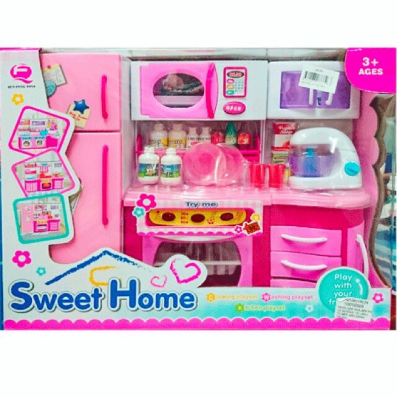 Hộp đồ chơi nhà bếp: lò nướng, tủ bếp, tủ lạnh máy đánh trứng dùng pin có đèn nhạc Sweet Home