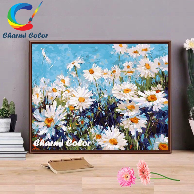 Tranh sơn dầu số hoá đã căn khung 40x50 cm hoa cúc daisy E886